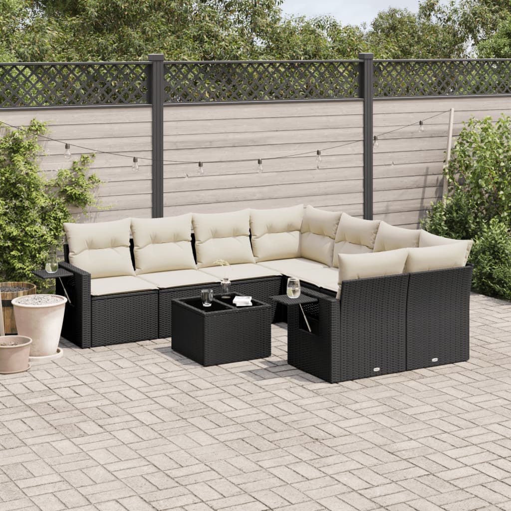 Set Divani da Giardino 9 pz con Cuscini Nero in Polyrattan | homemem39