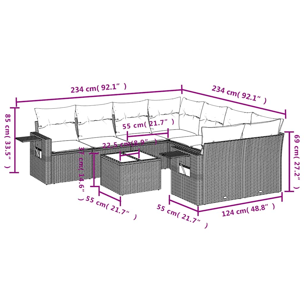 Set Divani da Giardino 9 pz con Cuscini Grigio in Polyrattan | homemem39