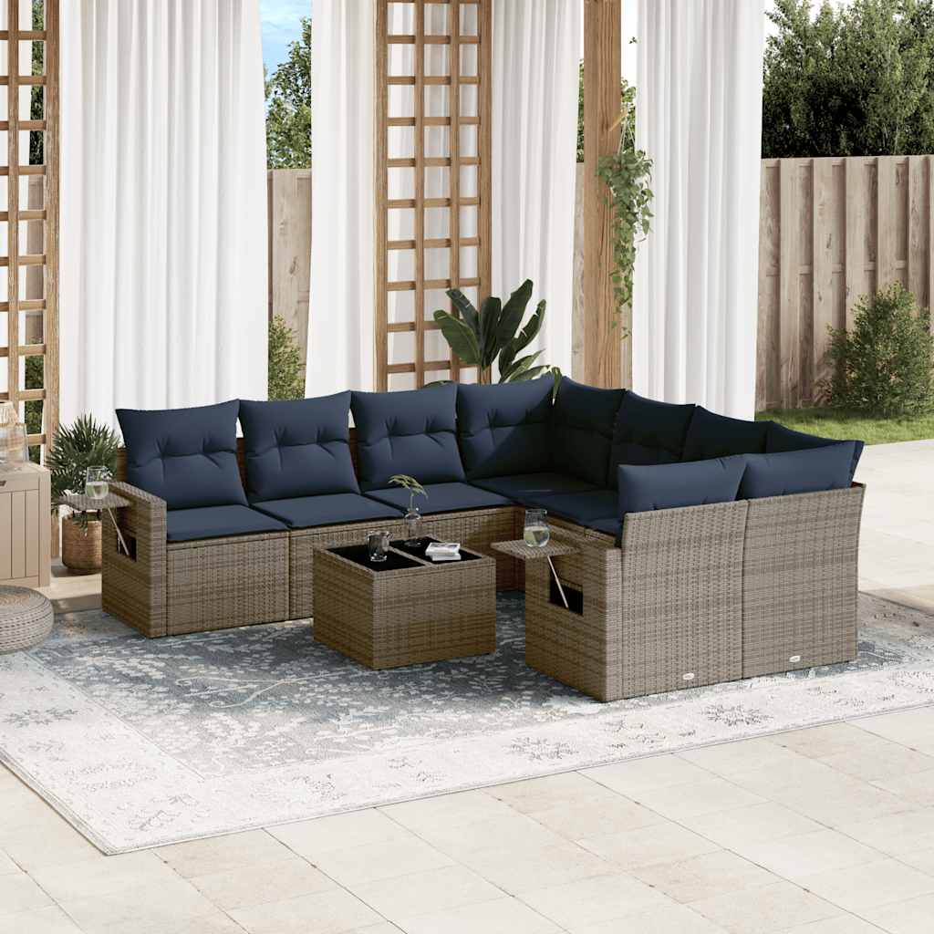 Set Divani da Giardino 9 pz con Cuscini Grigio in Polyrattan