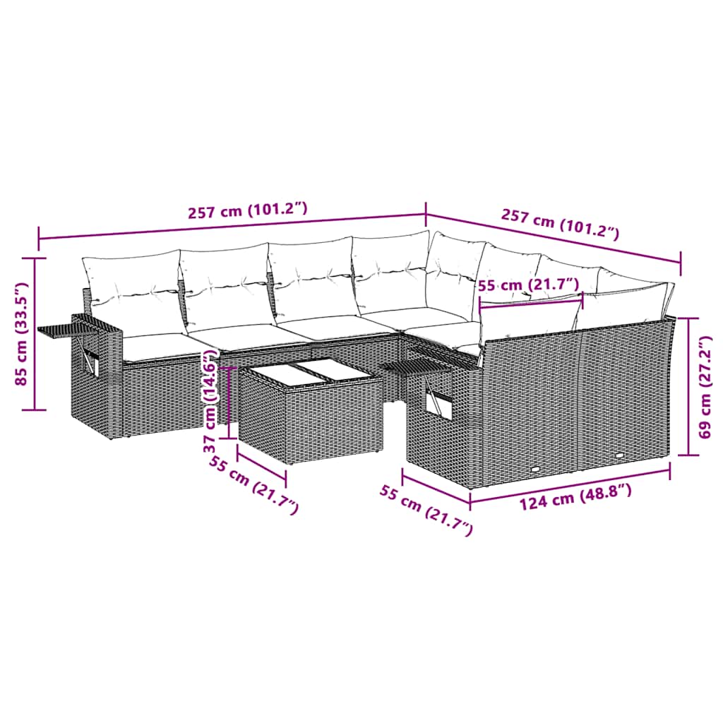 Set Divano da Giardino 9pz con Cuscini Grigio Chiaro Polyrattan | homemem39