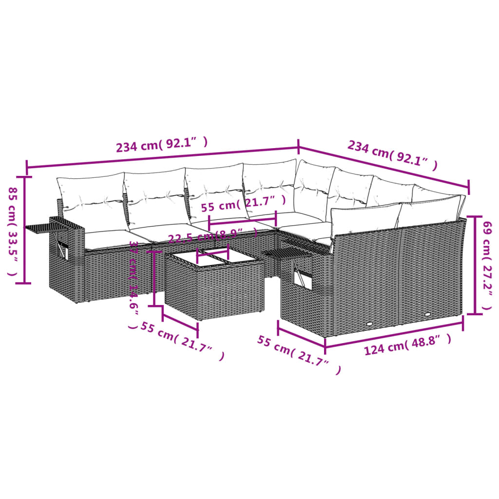 Set Divani da Giardino 9pz con Cuscini Marrone in Polyrattan | homemem39