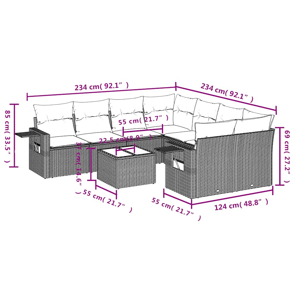 Set Divani da Giardino 9 pz con Cuscini Marrone in Polyrattan | homemem39