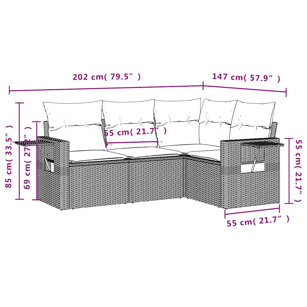 Set Divano da Giardino 4 pz con Cuscini Marrone in Polyrattan