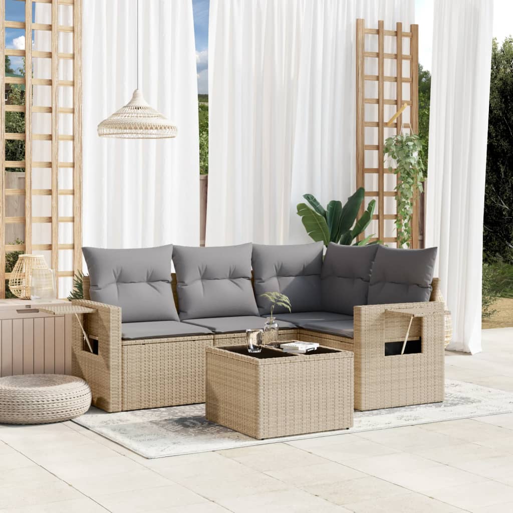Set Divano da Giardino 5 pz con Cuscini Beige in Polyrattan - homemem39