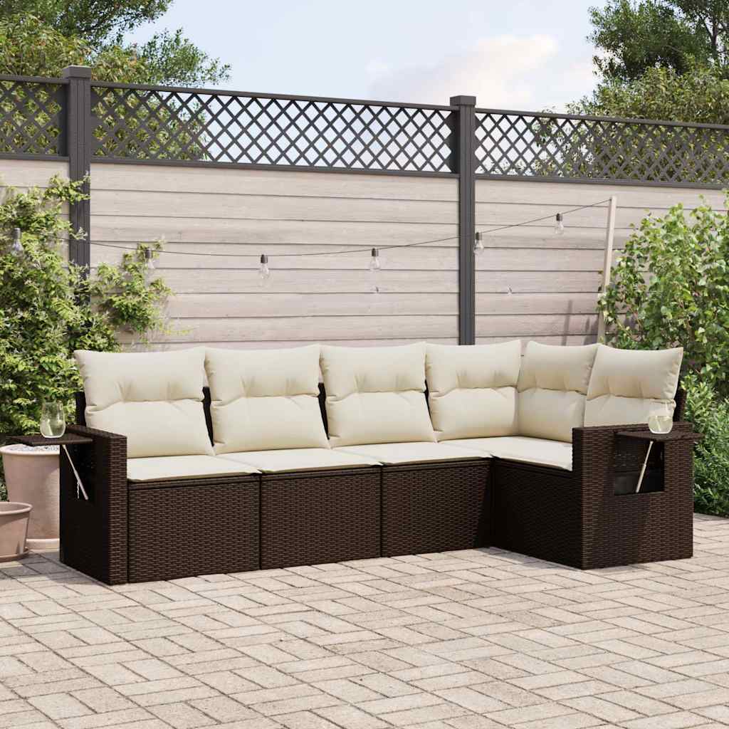 Set Divano da Giardino 5 pz con Cuscini Marrone in Polyrattan - homemem39