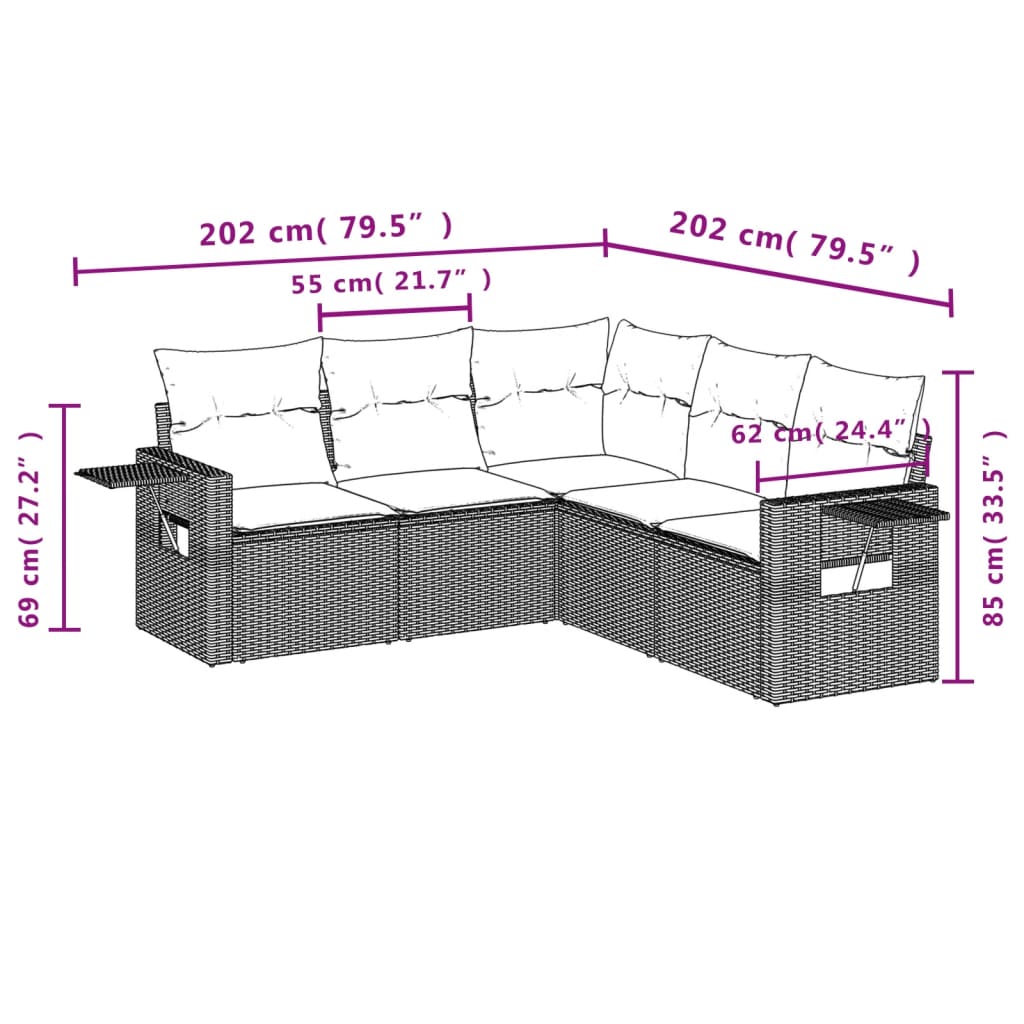 Set Divano da Giardino 5 pz con Cuscini Beige in Polyrattan | homemem39