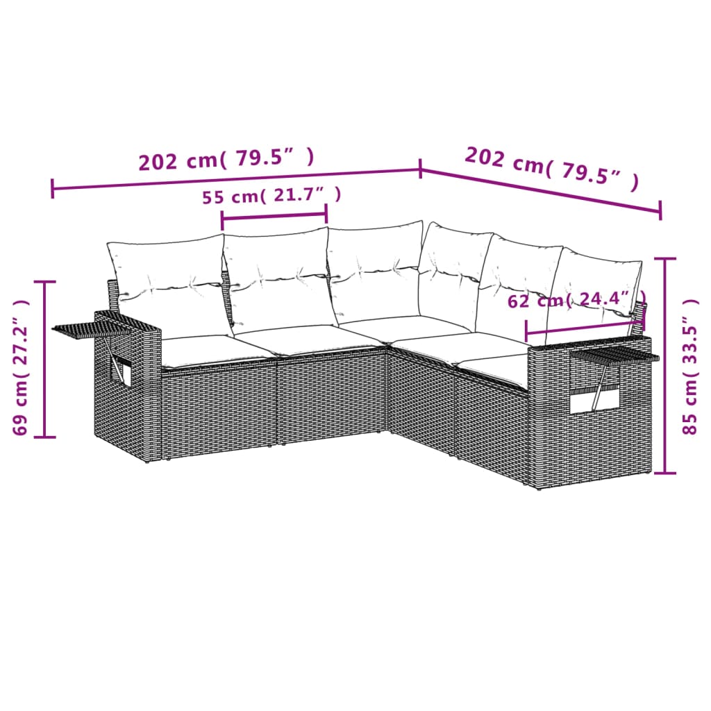 Set Divani da Giardino 5 pz con Cuscini Grigio in Polyrattan | homemem39