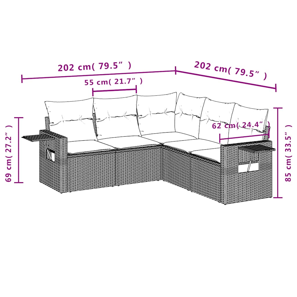 Set Divano da Giardino 5 pz con Cuscini Marrone in Polyrattan - homemem39