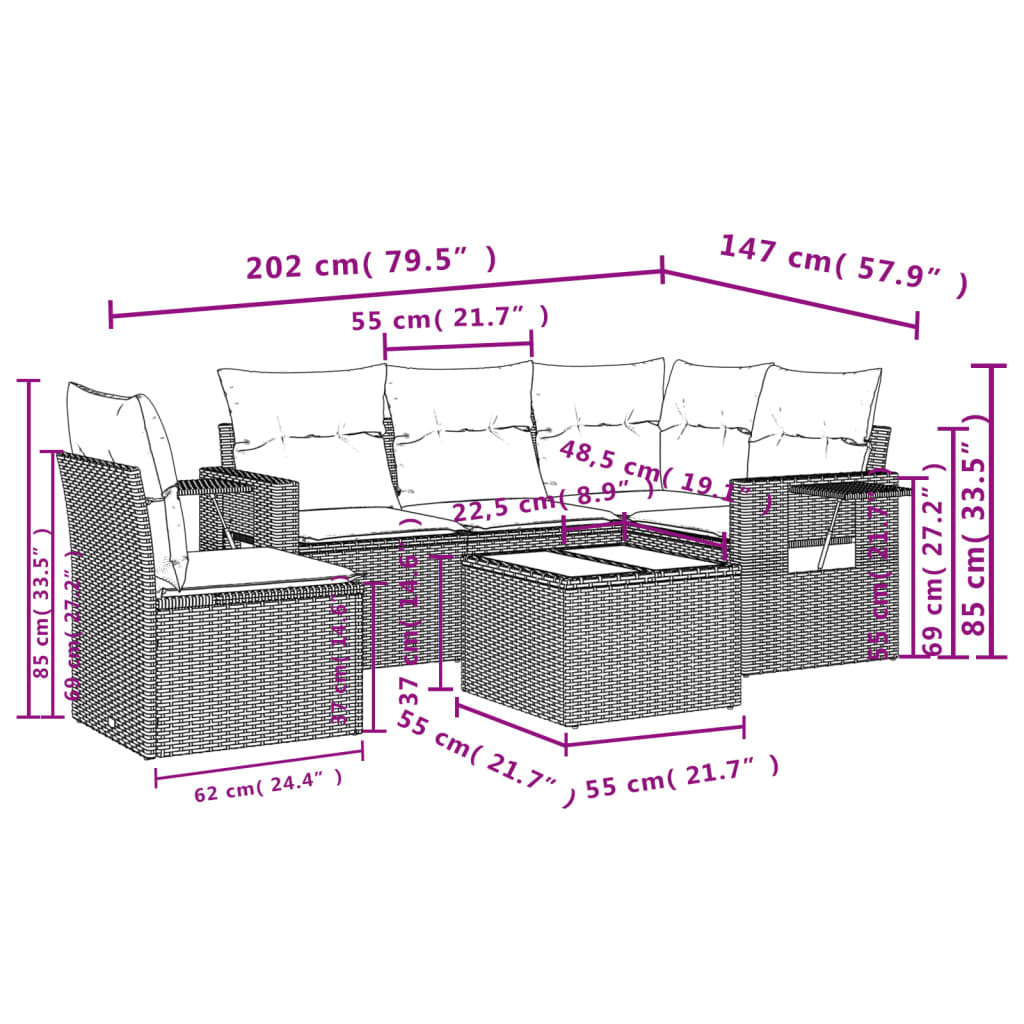 Set Divani da Giardino 6 pz con Cuscini Marrone in Polyrattan | homemem39
