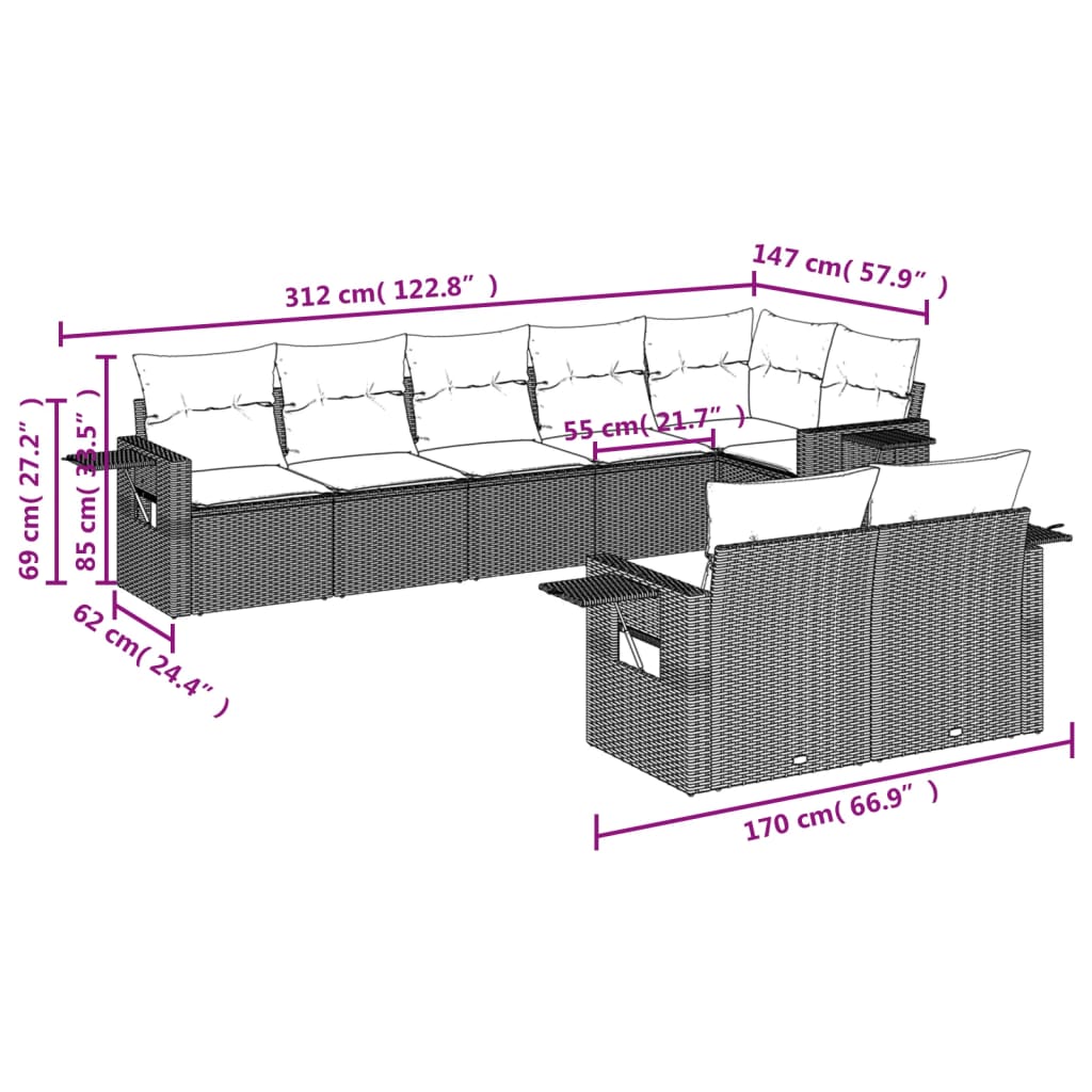 Set Divani da Giardino 8 pz con Cuscini Nero in Polyrattan | homemem39