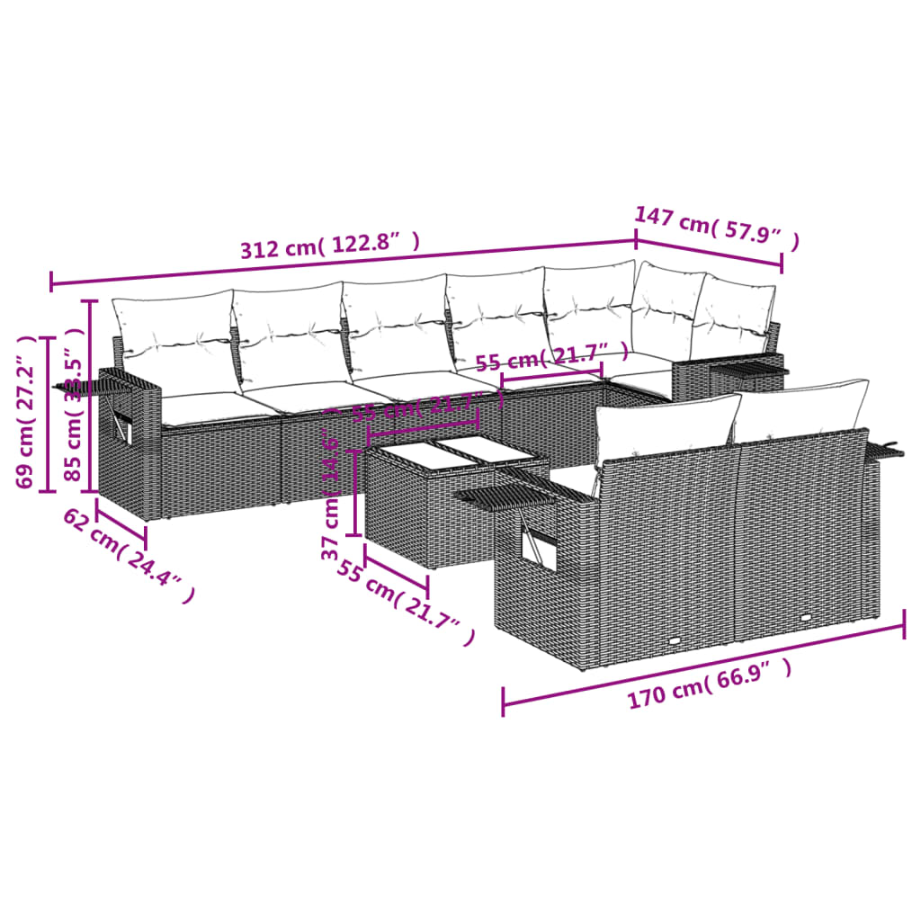 Set Divani da Giardino 9 pz con Cuscini Nero in Polyrattan | homemem39