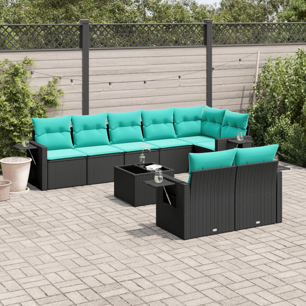 Set Divani da Giardino 9 pz con Cuscini Nero in Polyrattan