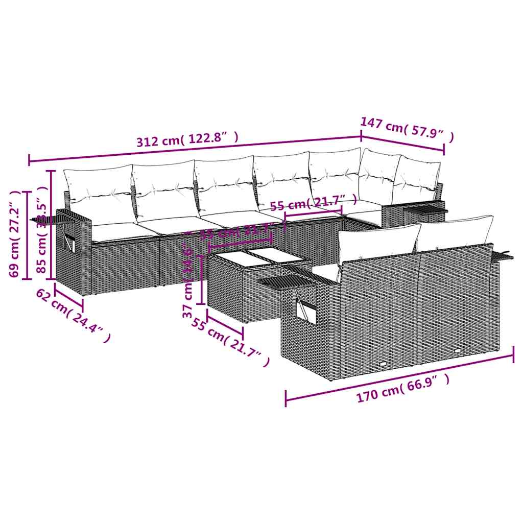 Set Divano da Giardino 9pz con Cuscini Grigio Chiaro Polyrattan | homemem39