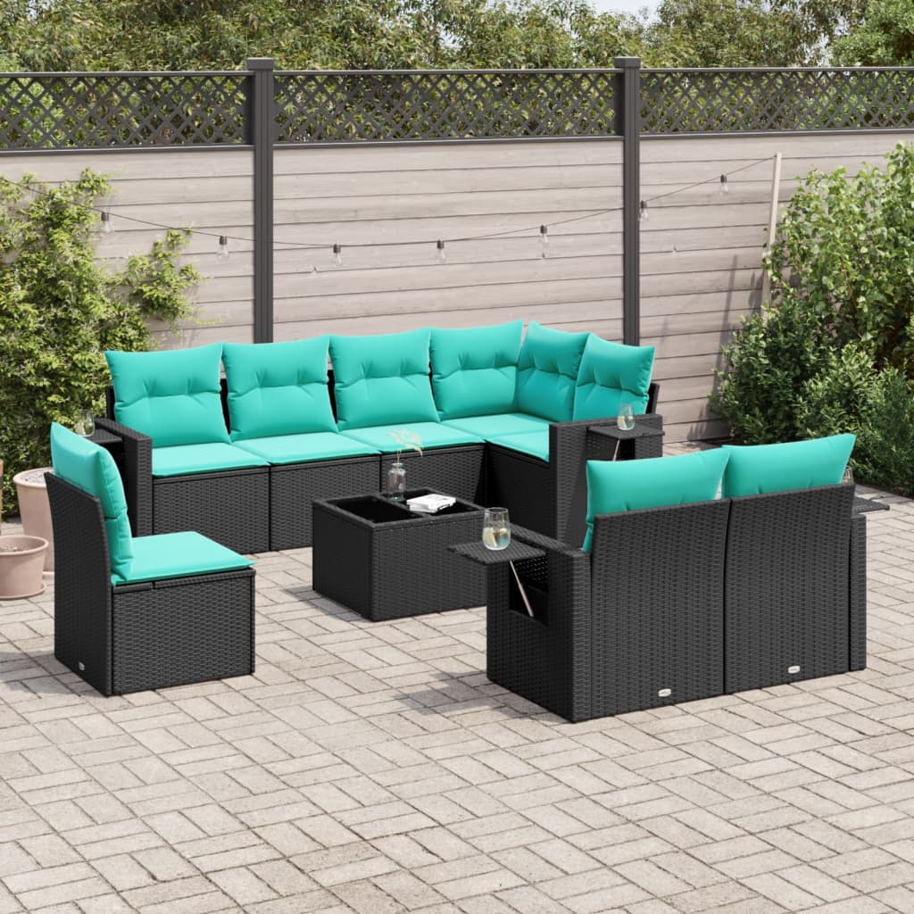 Set Divani da Giardino 9 pz con Cuscini Nero in Polyrattan | homemem39