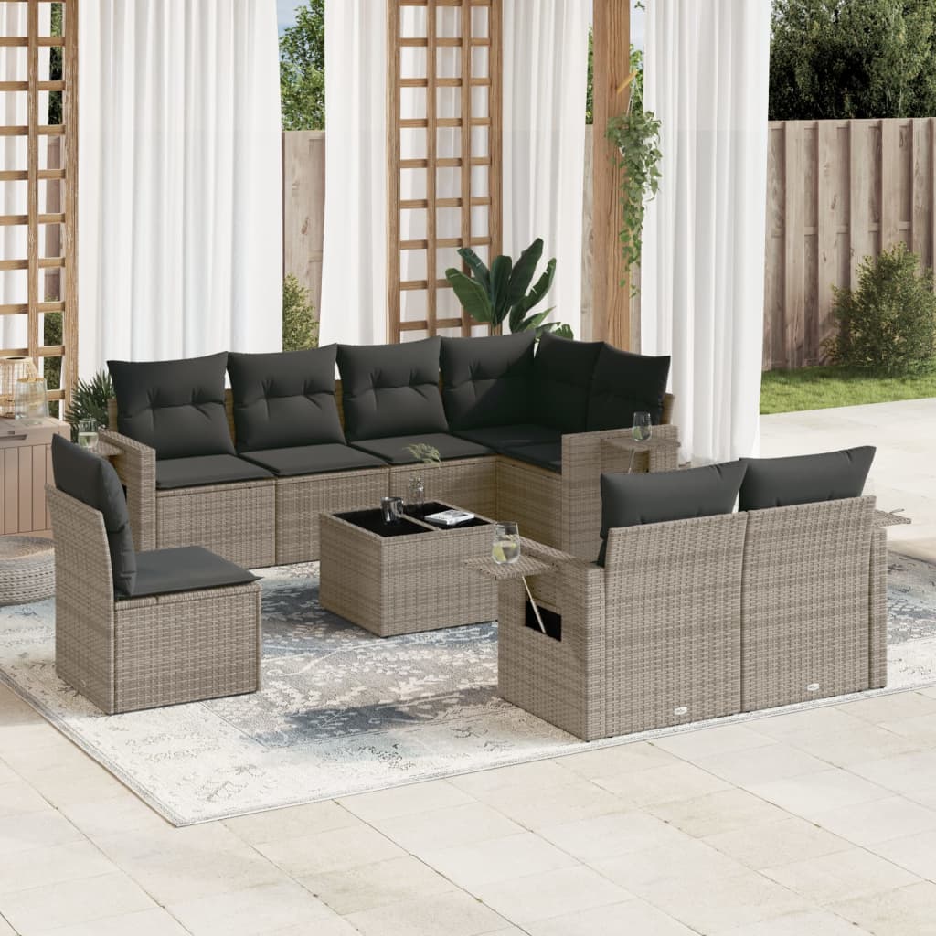 Set Divano da Giardino 9 pz con Cuscini Grigio in Polyrattan | homemem39