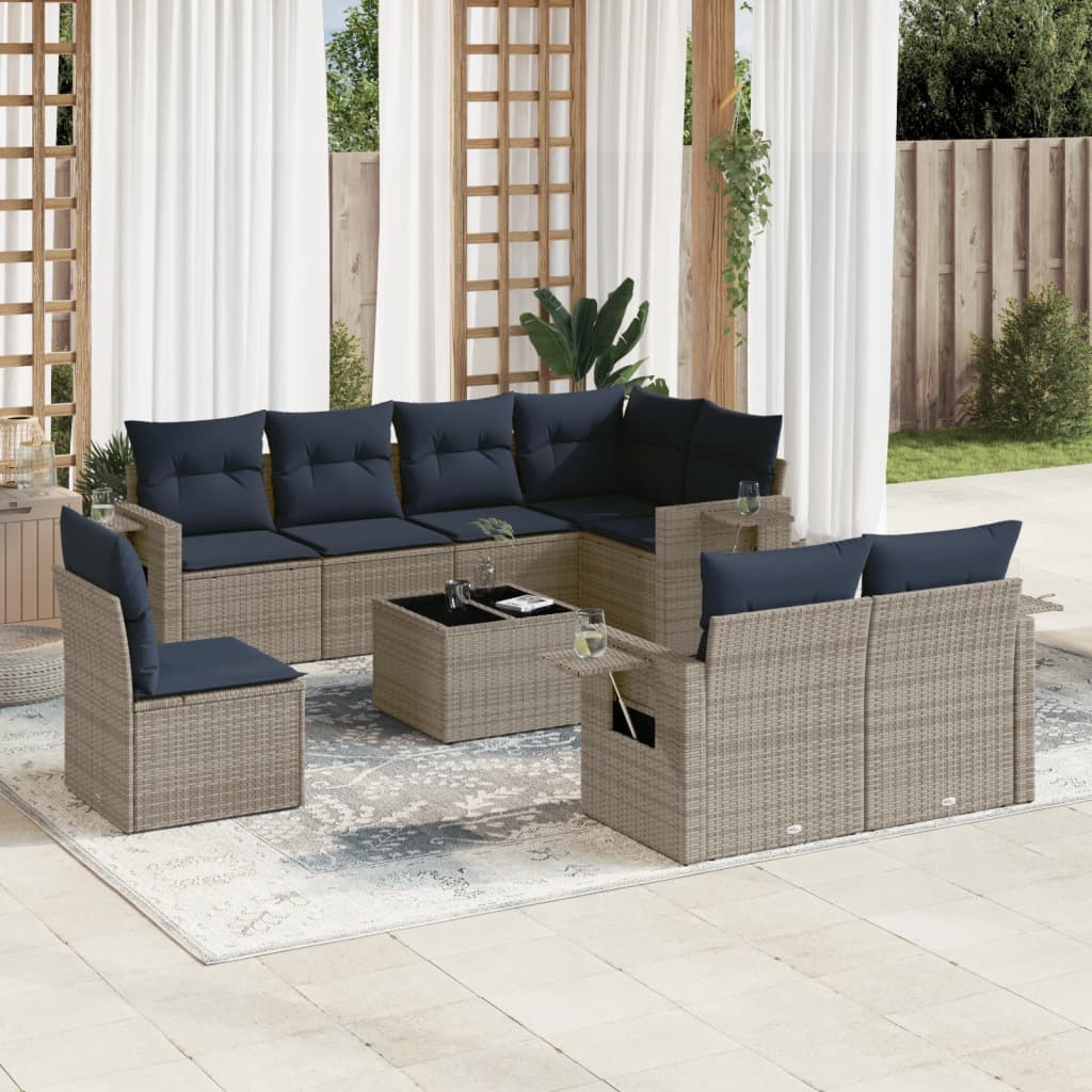 Set Divani da Giardino 9 pz con Cuscini Grigio in Polyrattan | homemem39