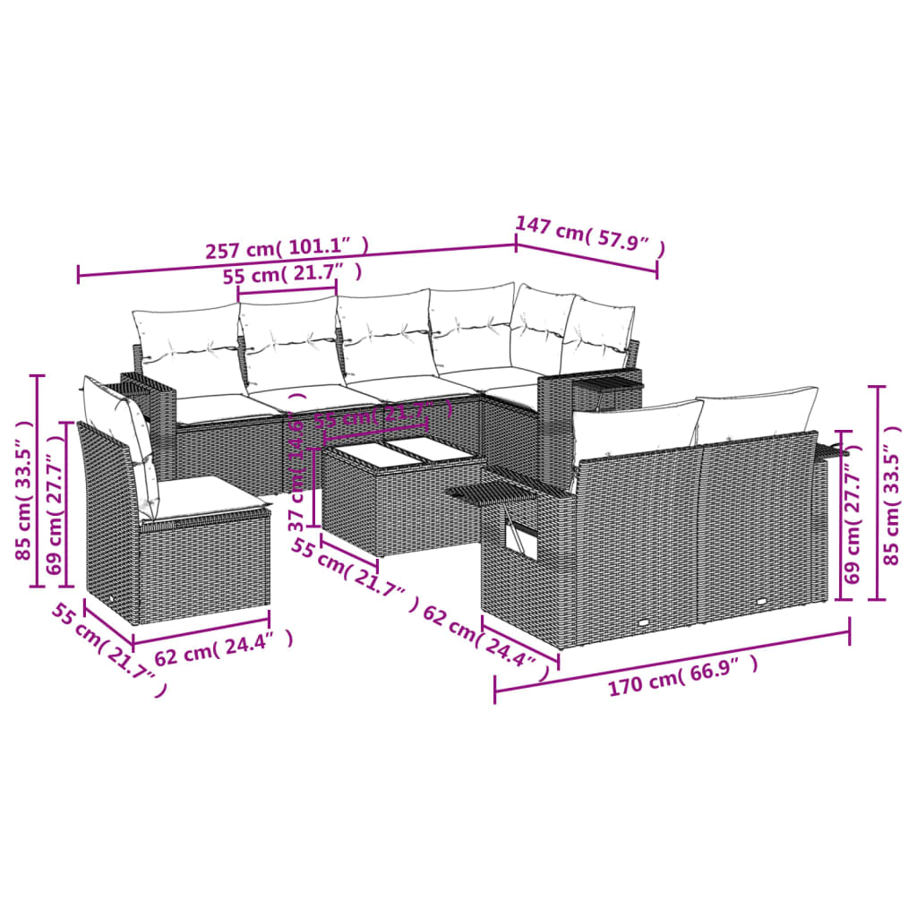 Set Divani da Giardino 9 pz con Cuscini Marrone in Polyrattan | homemem39