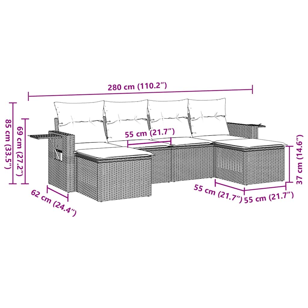 Set Divano da Giardino 6 pz con Cuscini Marrone in Polyrattan | homemem39