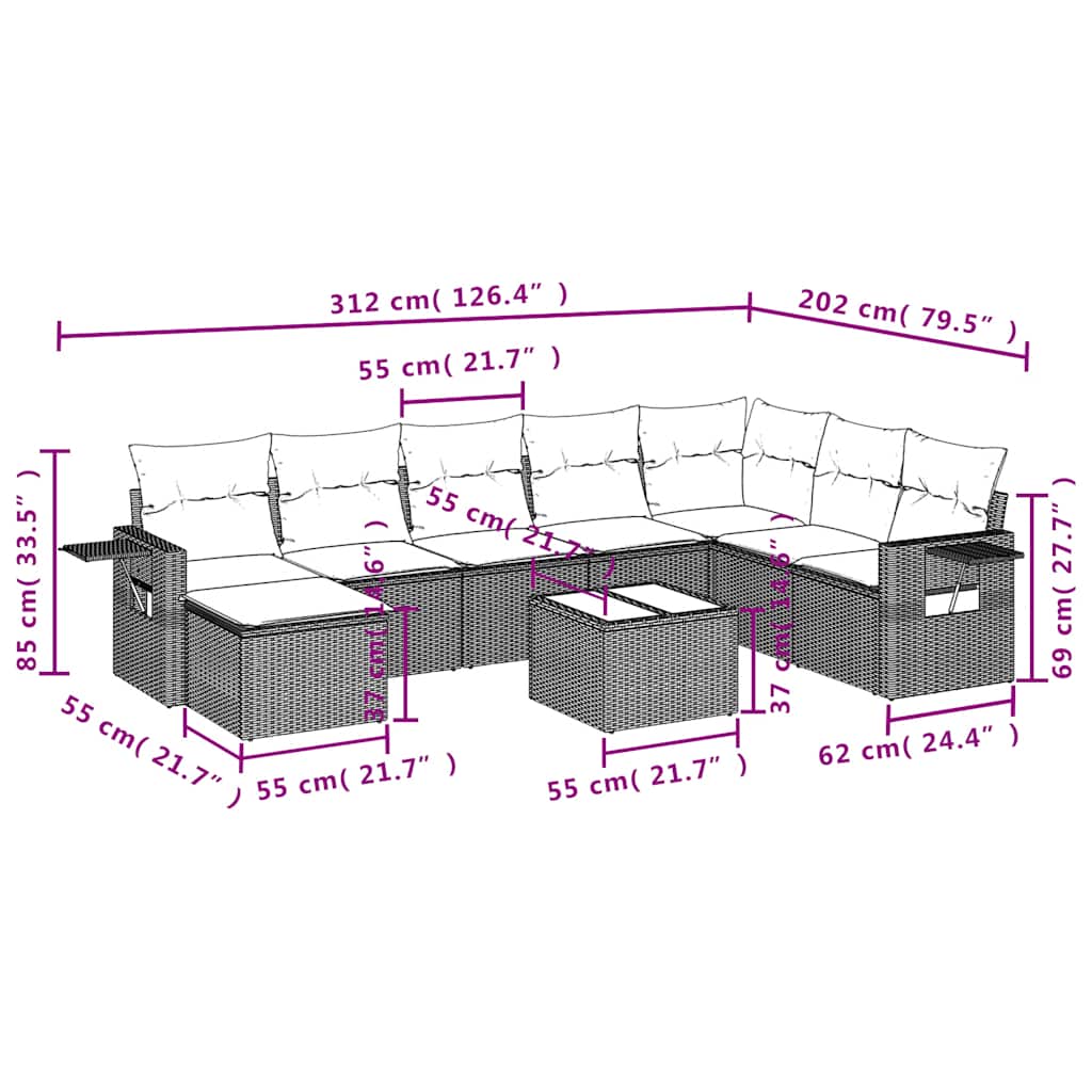 Set Divani da Giardino 9 pz con Cuscini Nero in Polyrattan | homemem39