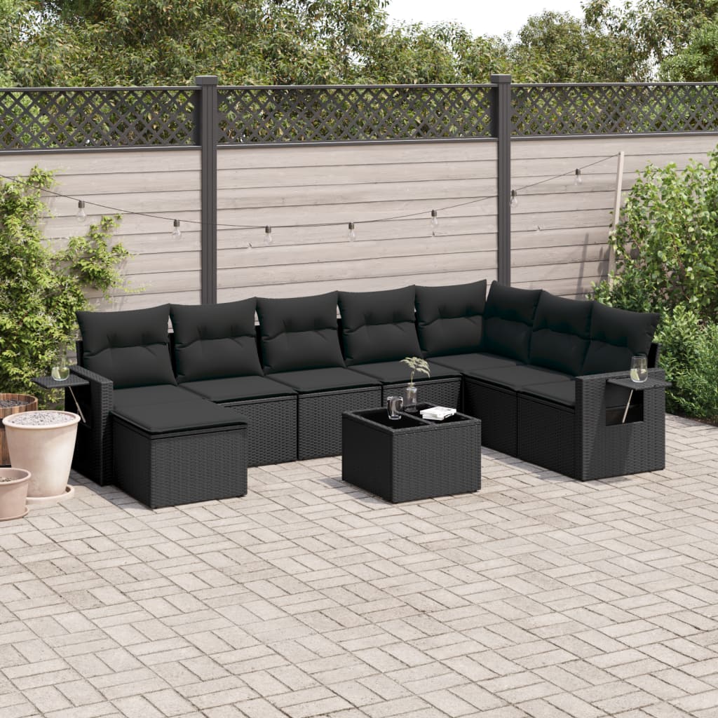 Set Divani da Giardino 9 pz con Cuscini Nero in Polyrattan | homemem39