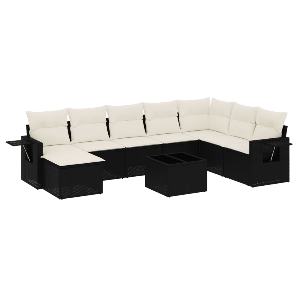 Set Divani da Giardino 9 pz con Cuscini Nero in Polyrattan