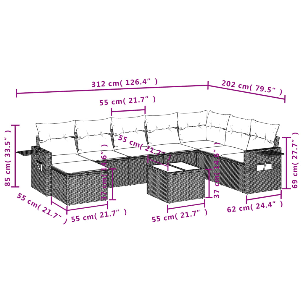 Set Divani da Giardino 9 pz con Cuscini Nero in Polyrattan | homemem39