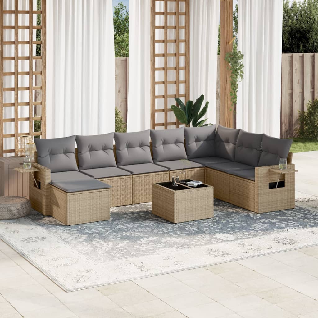 Set Divano da Giardino 9 pz con Cuscini Beige in Polyrattan | homemem39
