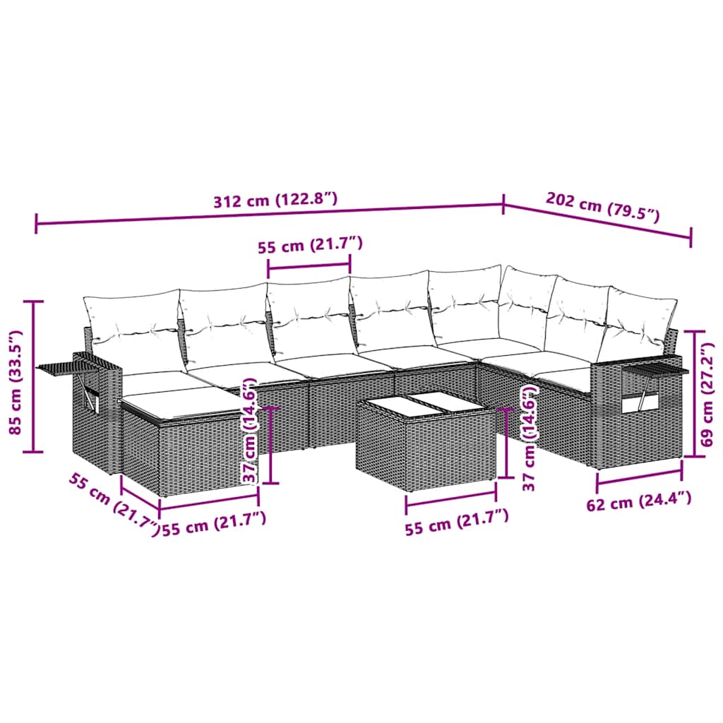 Set Divano da Giardino 9pz con Cuscini Grigio Chiaro Polyrattan - homemem39