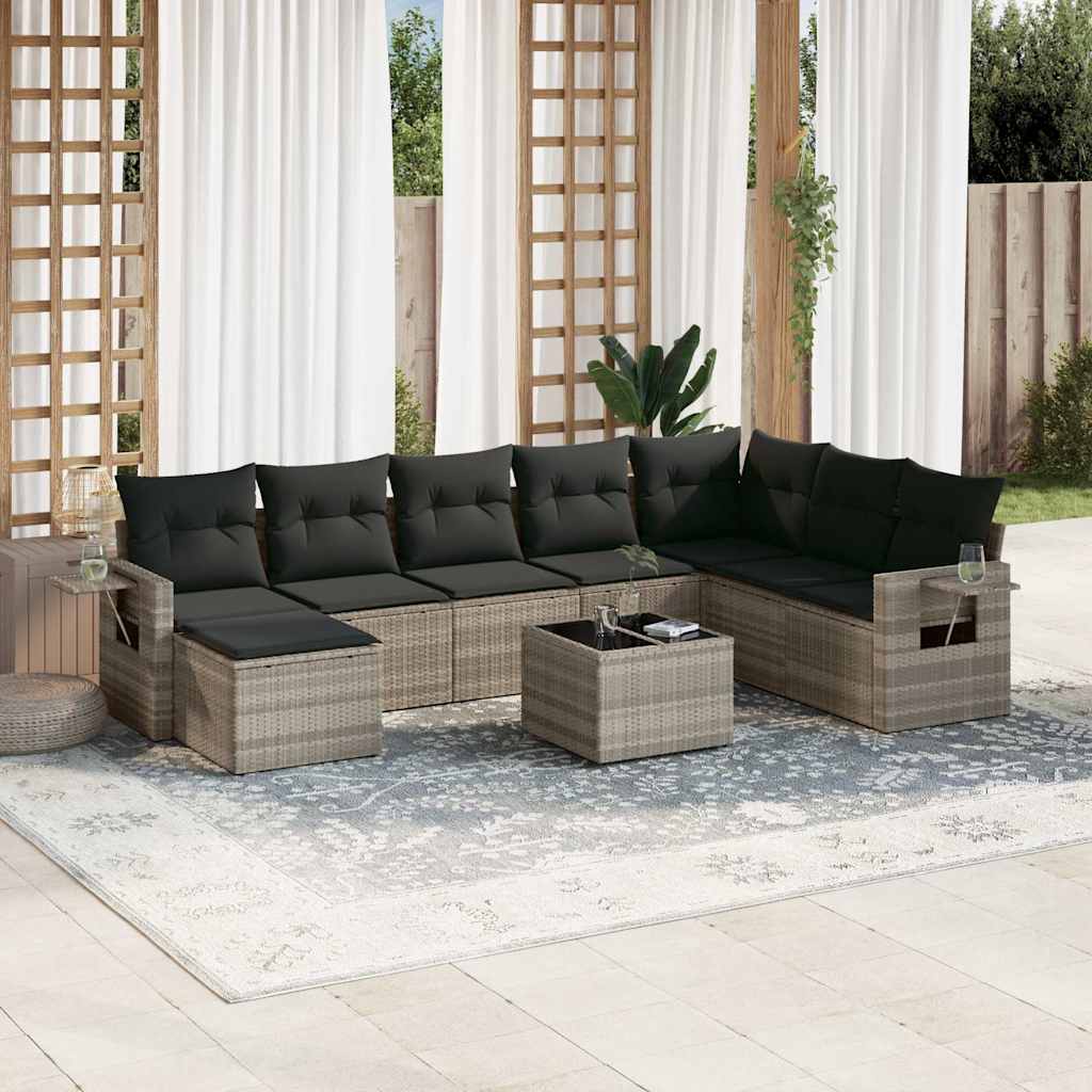 Set Divano da Giardino 9pz con Cuscini Grigio Chiaro Polyrattan | homemem39