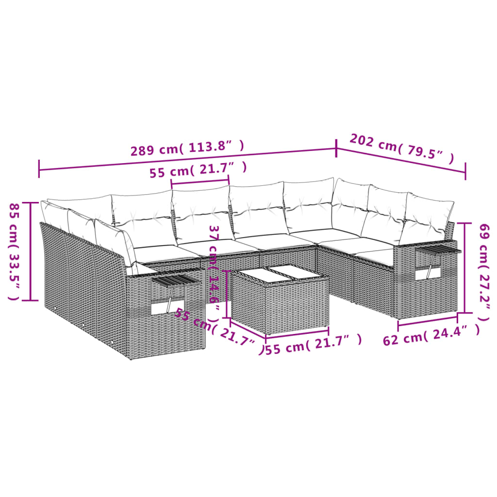 Set Divani da Giardino 10 pz con Cuscini Nero in Polyrattan | homemem39