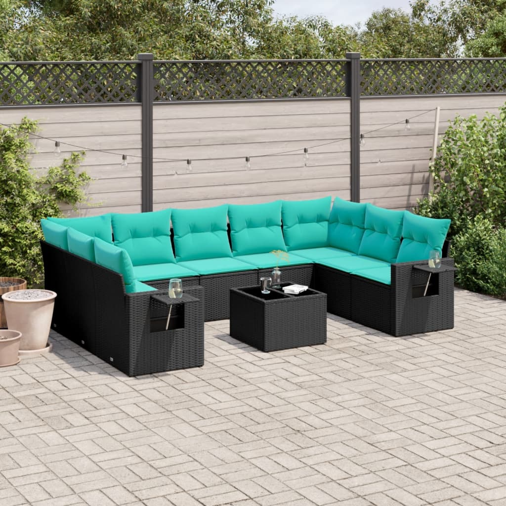 Set Divani da Giardino 10 pz con Cuscini Nero in Polyrattan