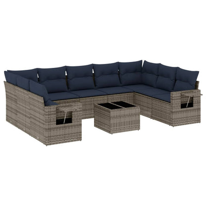 Set Divani da Giardino 10 pz con Cuscini Grigio in Polyrattan