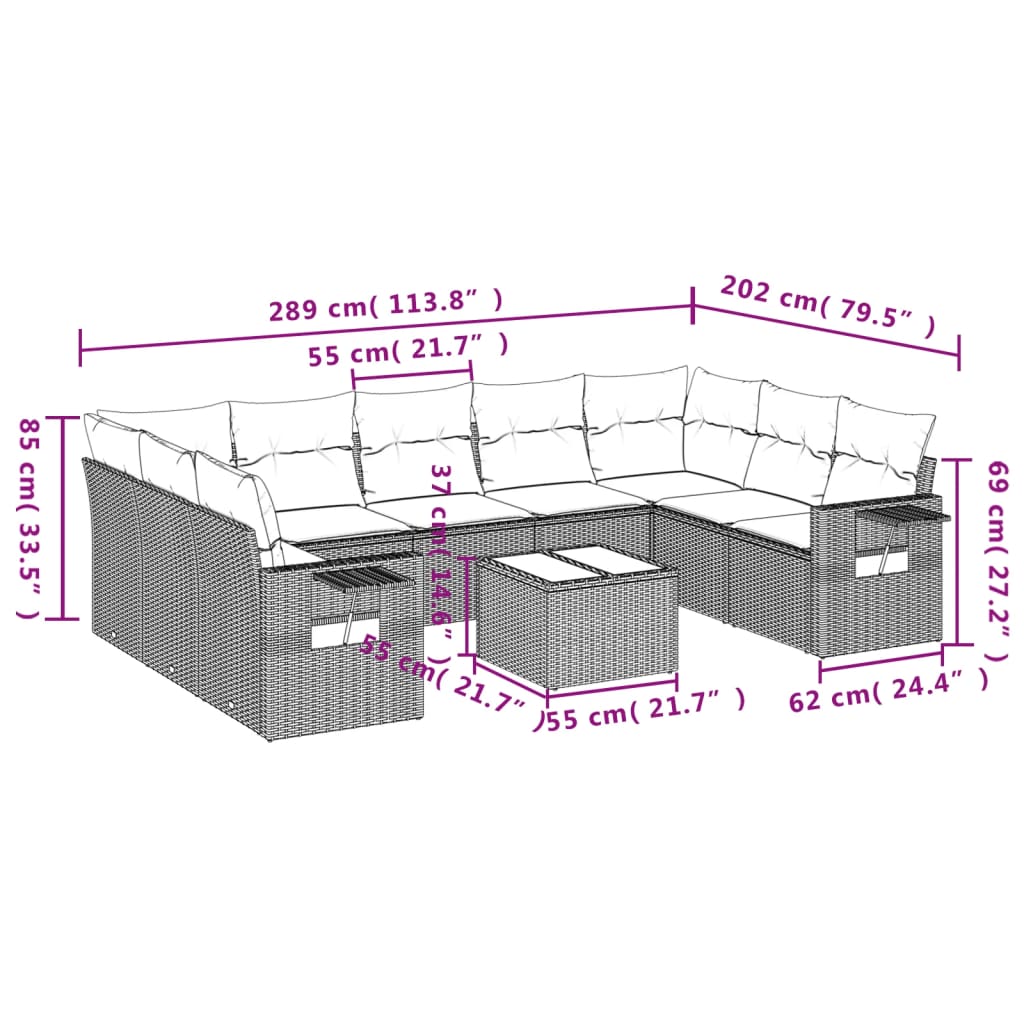 Set Divani da Giardino 10 pz con Cuscini Grigio in Polyrattan | homemem39