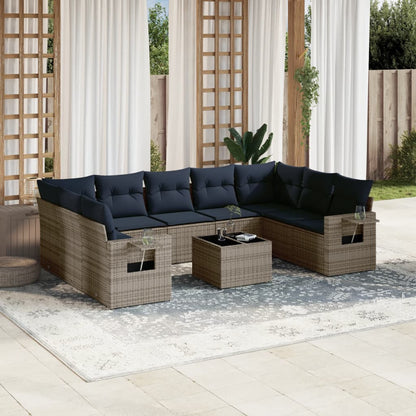 Set Divani da Giardino 10 pz con Cuscini Grigio in Polyrattan