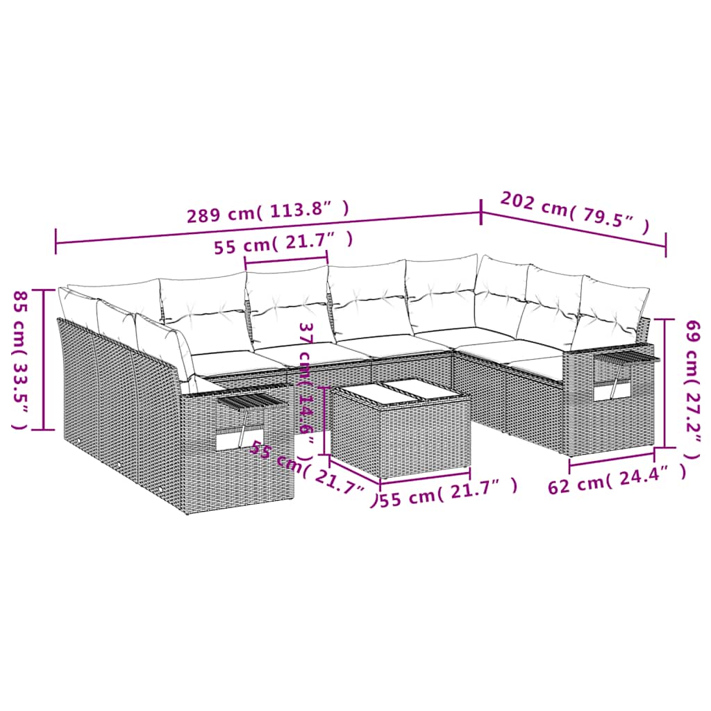 Set Divano Giardino 10 pz con Cuscini Grigio Chiaro Polyrattan | homemem39