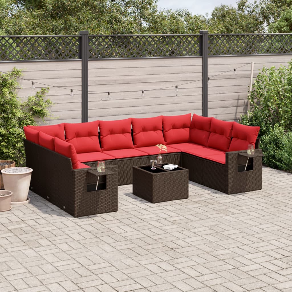 Set Divani da Giardino 10 pz con Cuscini Marrone in Polyrattan | homemem39