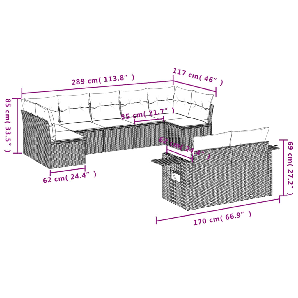 Set Divano da Giardino 9 pz con Cuscini Grigio in Polyrattan | homemem39