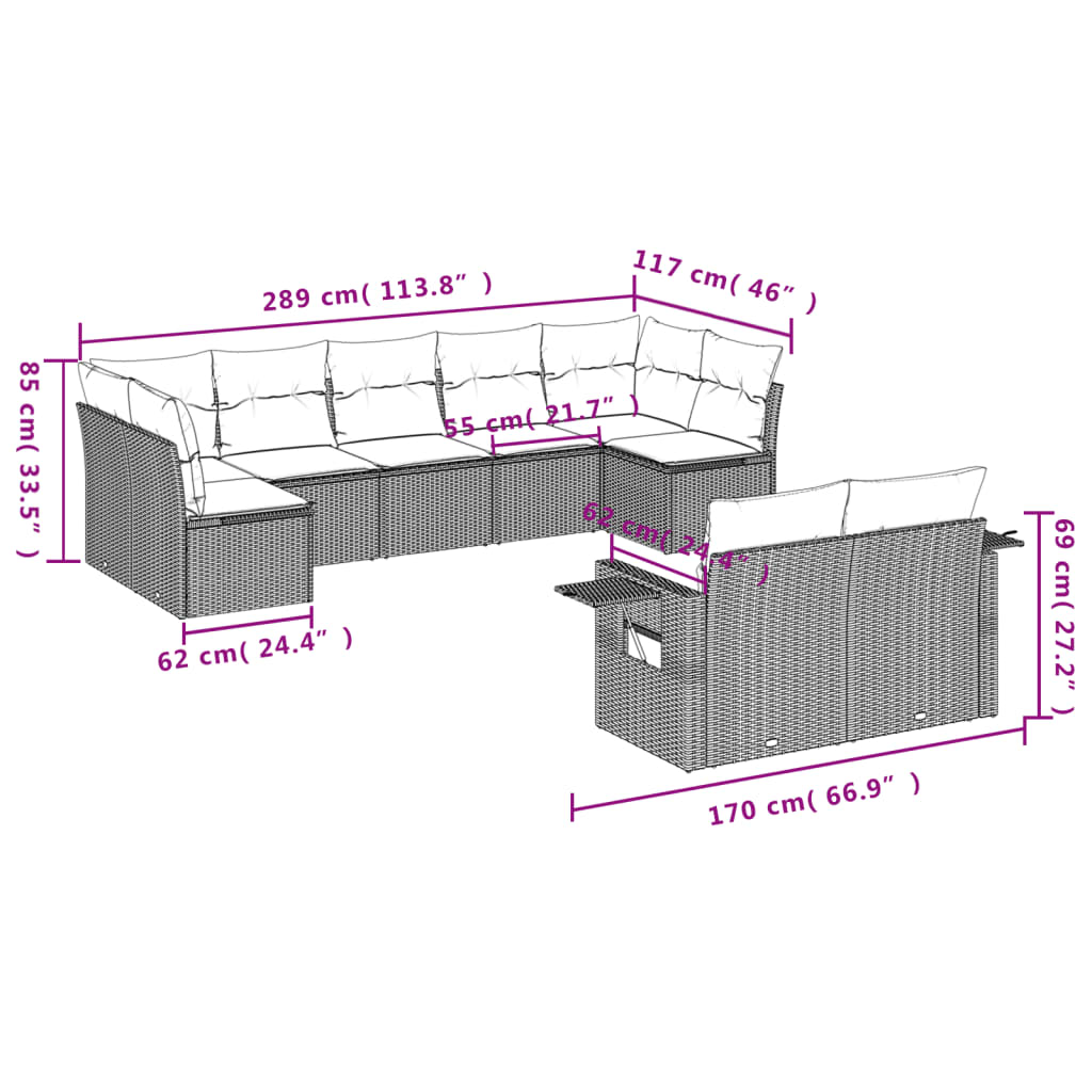Set Divani da Giardino 9 pz con Cuscini Grigio in Polyrattan | homemem39