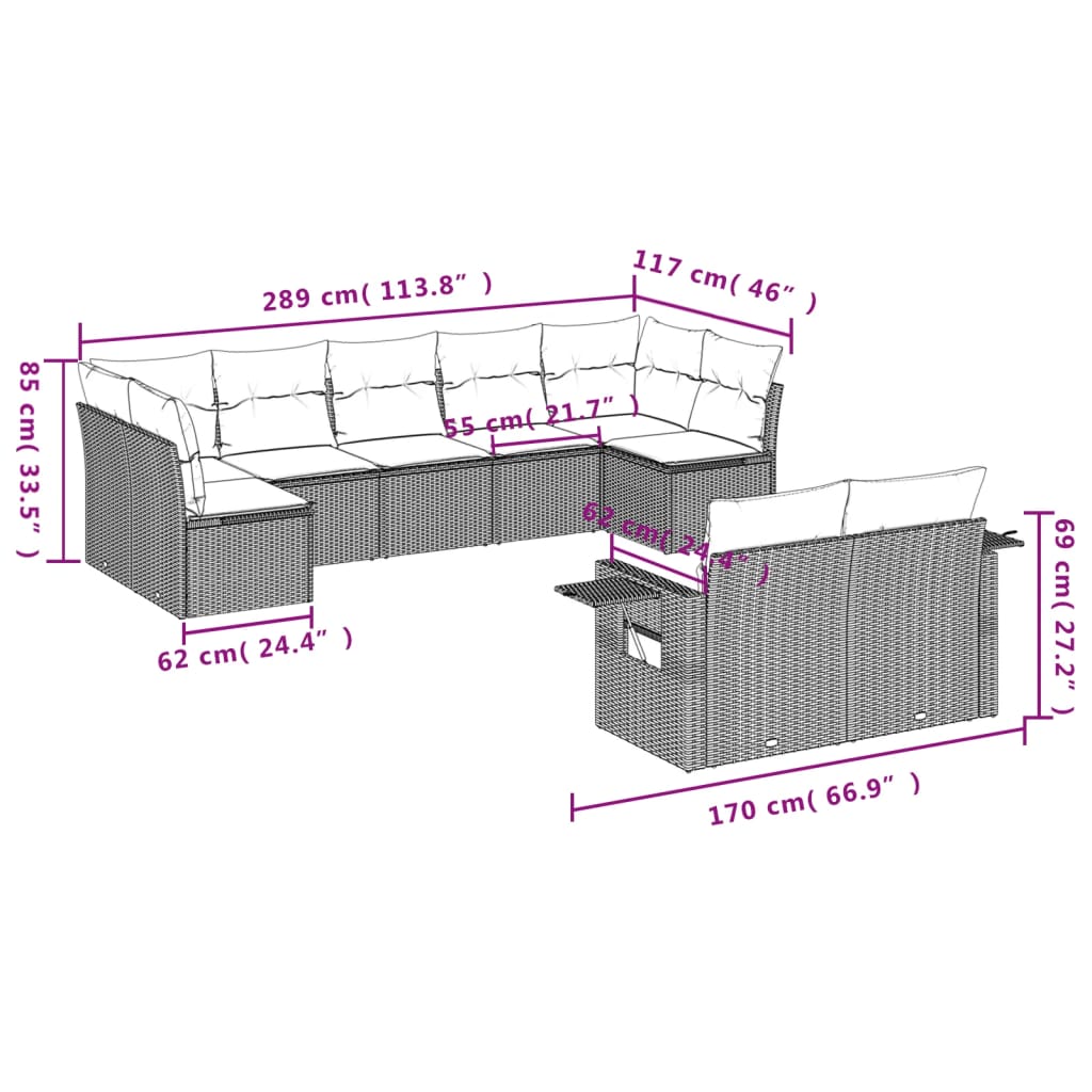 Set Divani da Giardino 9 pz con Cuscini Marrone in Polyrattan | homemem39