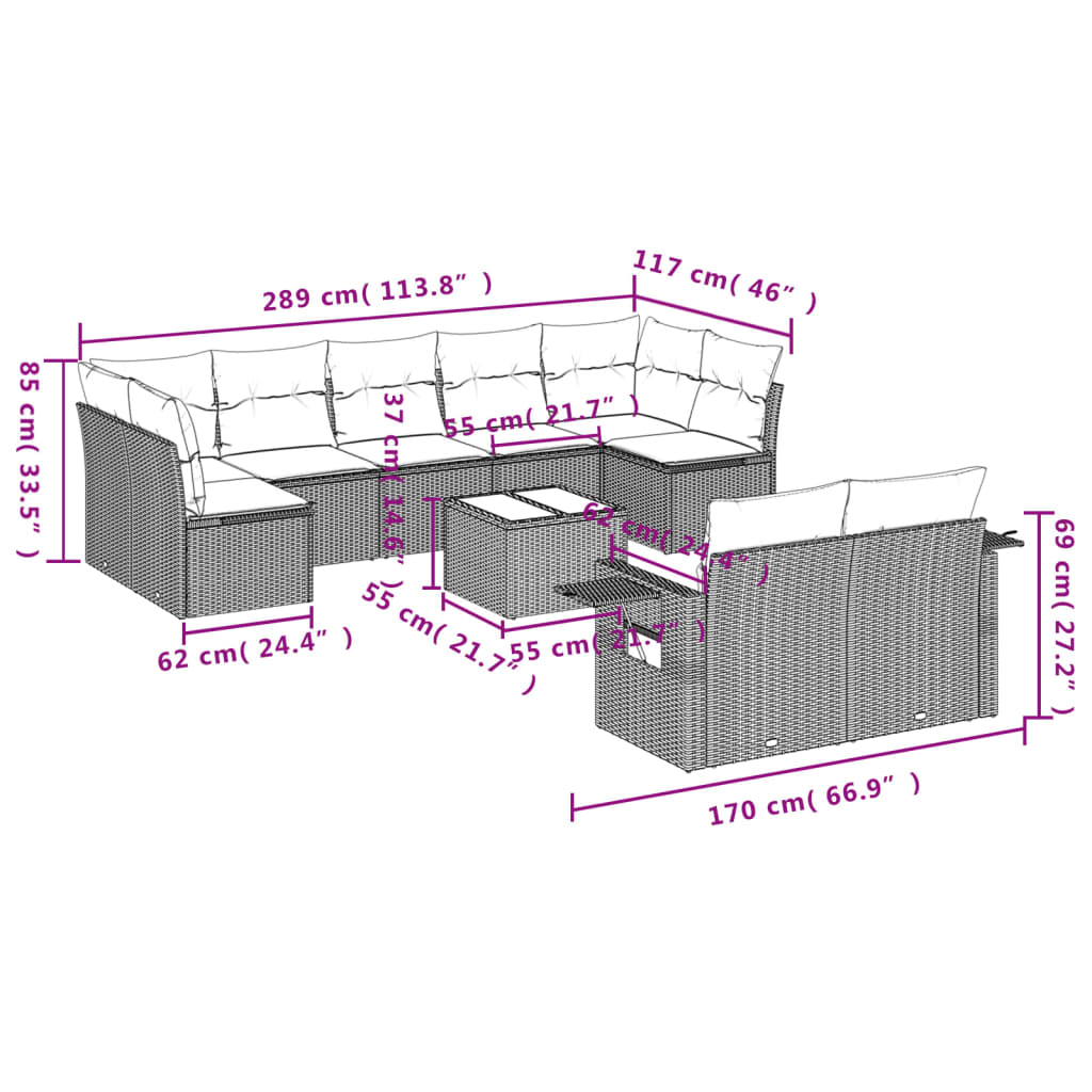 Set Divani da Giardino 10pz con Cuscini in Polyrattan Nero | homemem39