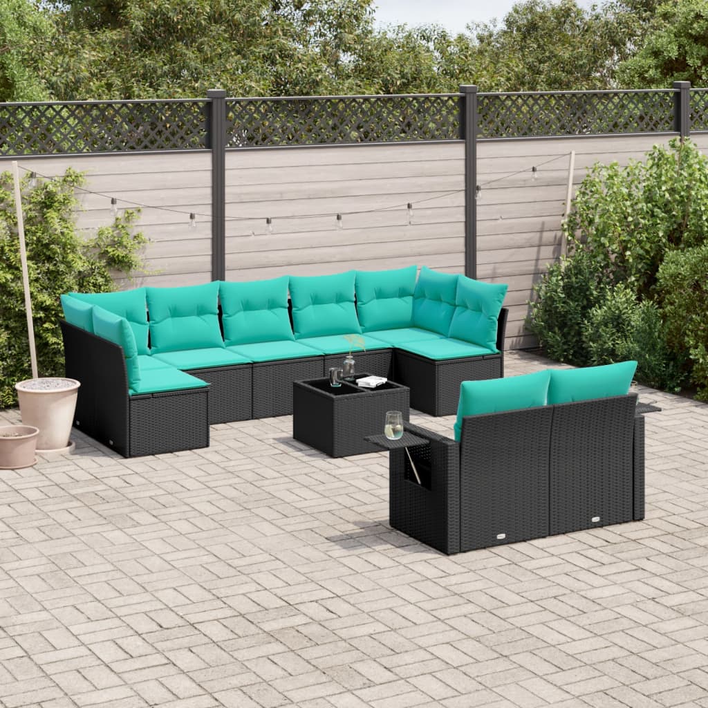Set Divani da Giardino 10 pz con Cuscini Nero in Polyrattan | homemem39