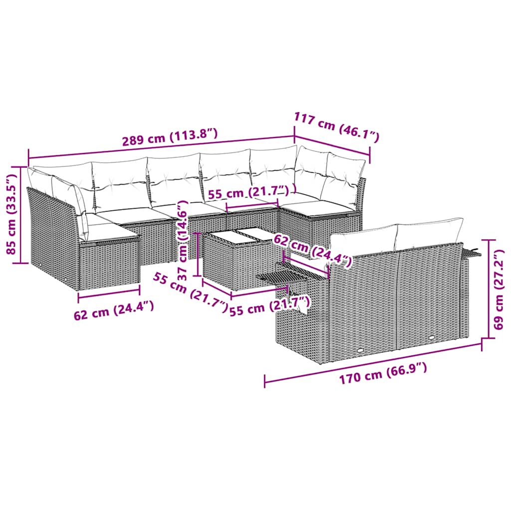 Set Divano Giardino 10 pz con Cuscini Grigio Chiaro Polyrattan | homemem39