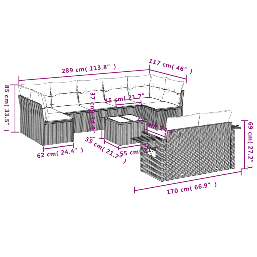 Set Divani da Giardino 10pz con Cuscini in Polyrattan Marrone | homemem39