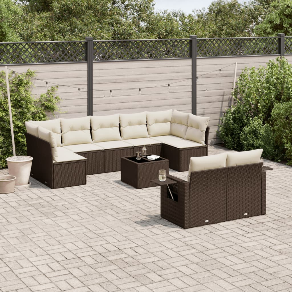 Set Divani da Giardino 10pz con Cuscini in Polyrattan Marrone | homemem39