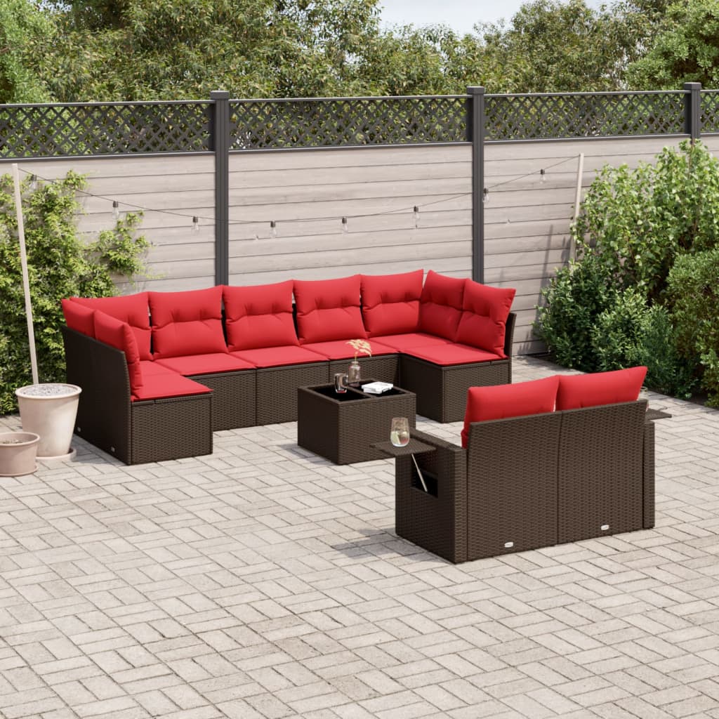 Set Divani da Giardino 10 pz con Cuscini Marrone in Polyrattan | homemem39