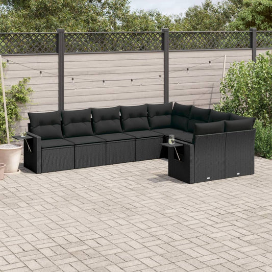 Set Divani da Giardino 9 pz con Cuscini Nero in Polyrattan - homemem39