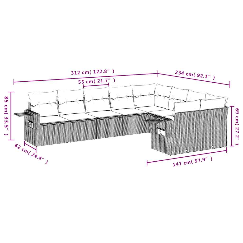 Set Divani da Giardino 9pz con Cuscini Marrone in Polyrattan | homemem39