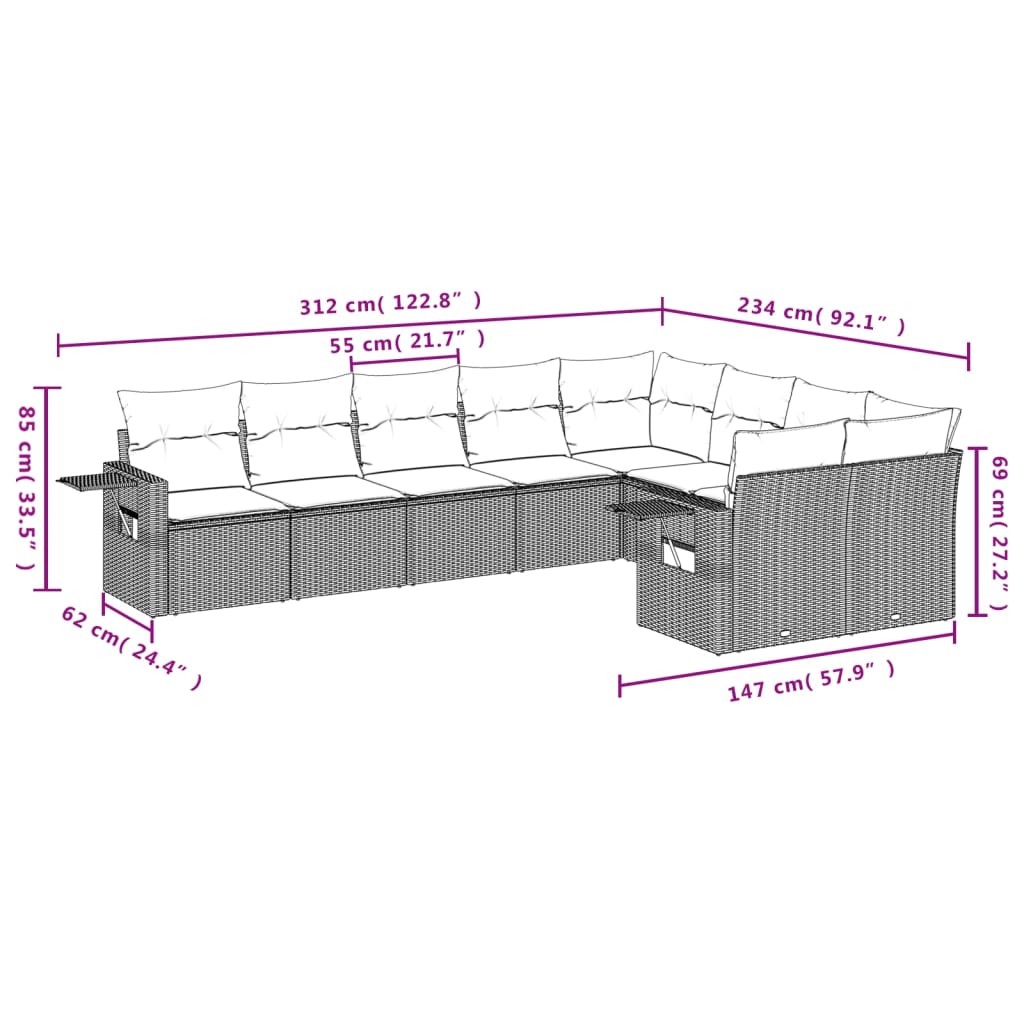 Set Divani da Giardino 9 pz con Cuscini Marrone in Polyrattan | homemem39