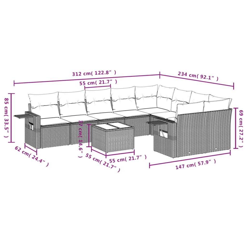 Set Divani da Giardino 10pz con Cuscini in Polyrattan Nero | homemem39