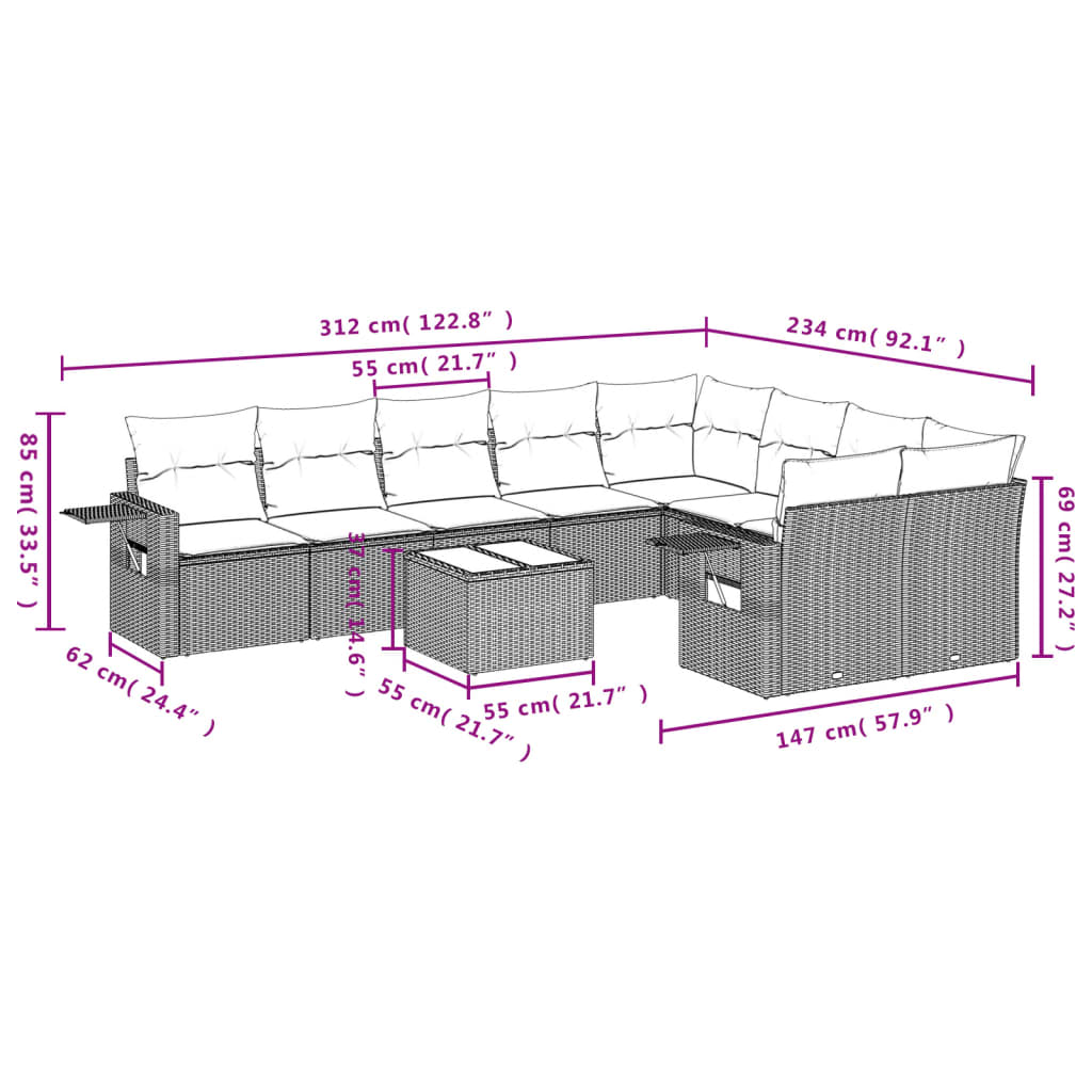 Set Divani da Giardino 10 pz con Cuscini Nero in Polyrattan | homemem39